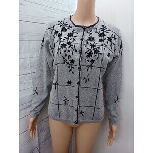 Vtg Arriviste Cardigan Sweater Women's M Beaded Embroidered Gray Black